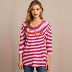 Quacker Factory Pink and White Striped Top with Orange Accents 🍓🌴☀️